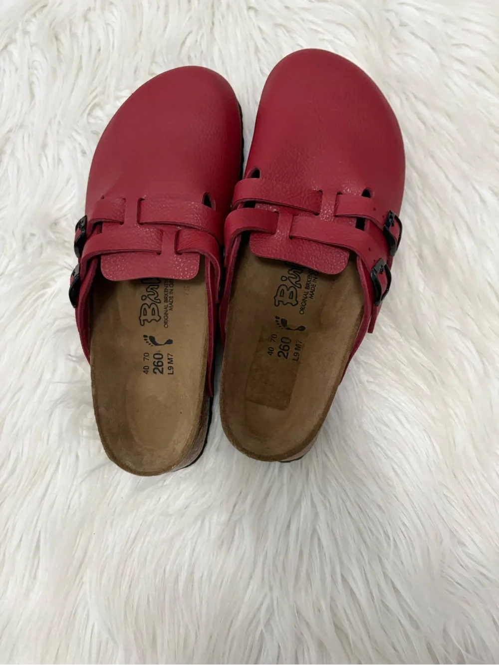 Birki's by Birkenstock Unisex Natural Red Leather Clog Cork Sole Mules